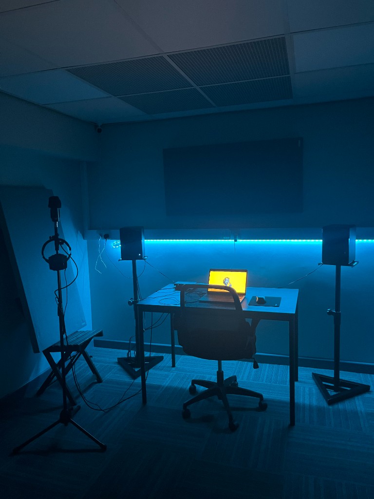 Studio desk and monitor setup for dry hire sessions in Warrington