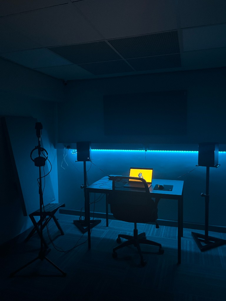 Studio hire workstation in Warrington with interface, monitors and laptop space
